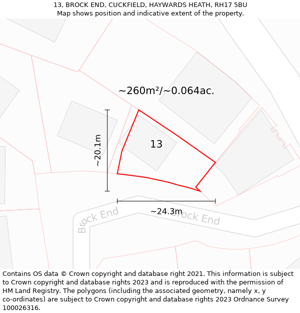 13, BROCK END, CUCKFIELD, HAYWARDS HEATH, RH17 5BU: Plot and title map