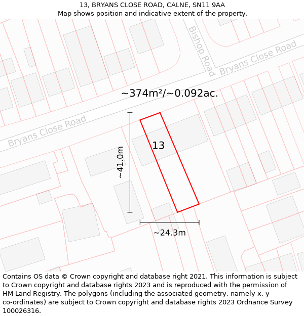 13, BRYANS CLOSE ROAD, CALNE, SN11 9AA: Plot and title map