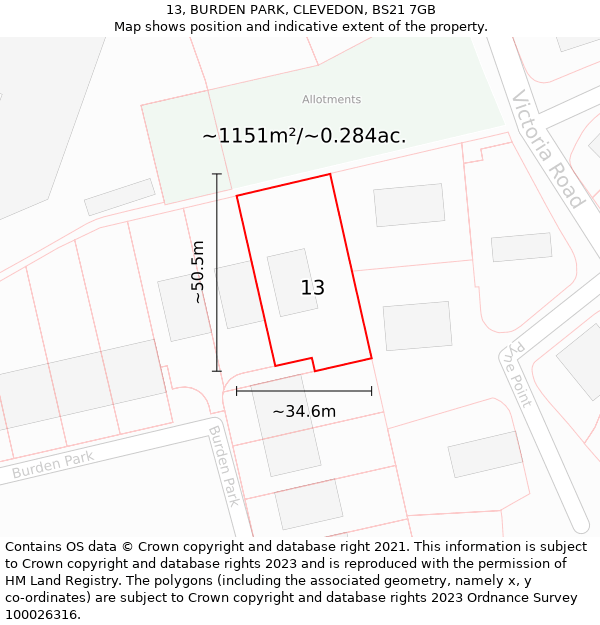 13, BURDEN PARK, CLEVEDON, BS21 7GB: Plot and title map