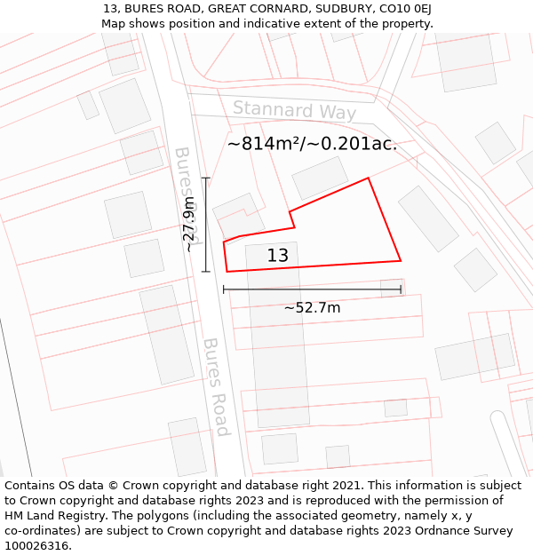 13, BURES ROAD, GREAT CORNARD, SUDBURY, CO10 0EJ: Plot and title map