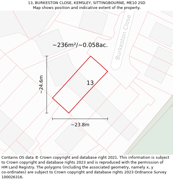 13, BURKESTON CLOSE, KEMSLEY, SITTINGBOURNE, ME10 2SD: Plot and title map