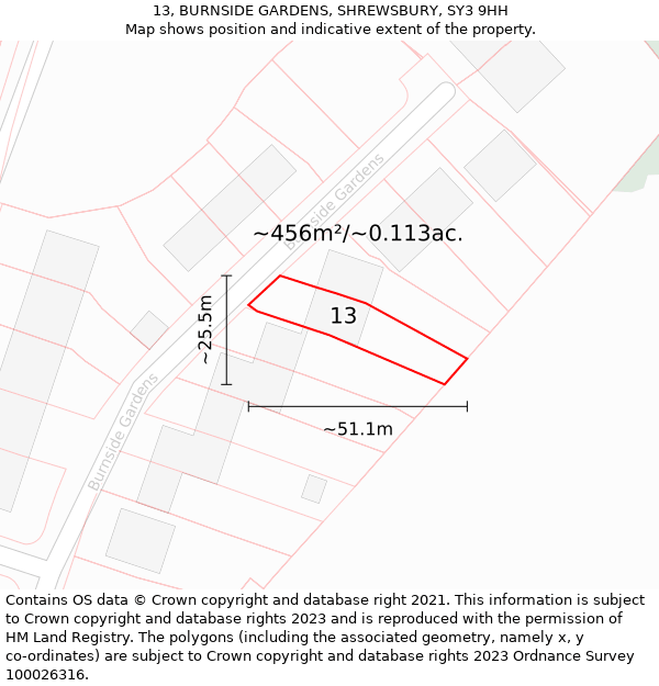 13, BURNSIDE GARDENS, SHREWSBURY, SY3 9HH: Plot and title map