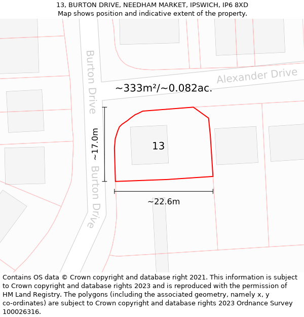 13, BURTON DRIVE, NEEDHAM MARKET, IPSWICH, IP6 8XD: Plot and title map