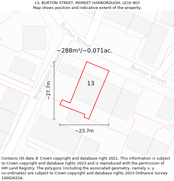 13, BURTON STREET, MARKET HARBOROUGH, LE16 9GY: Plot and title map