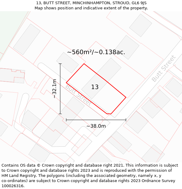 13, BUTT STREET, MINCHINHAMPTON, STROUD, GL6 9JS: Plot and title map