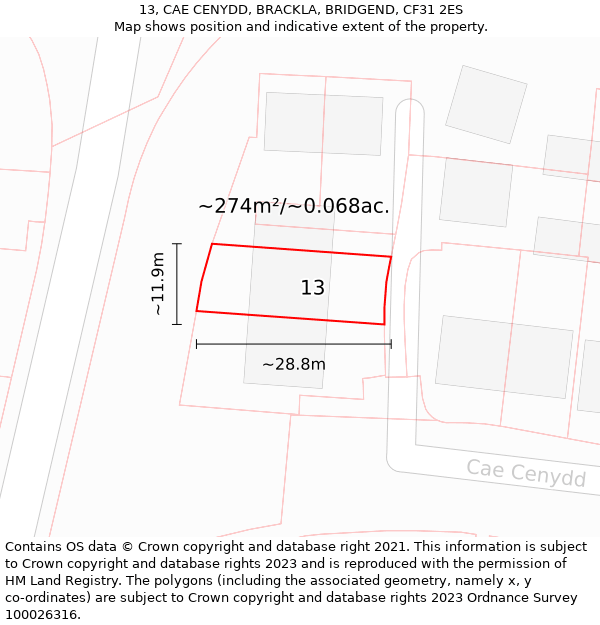 13, CAE CENYDD, BRACKLA, BRIDGEND, CF31 2ES: Plot and title map