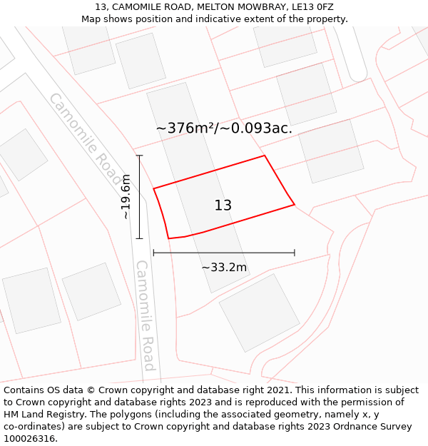 13, CAMOMILE ROAD, MELTON MOWBRAY, LE13 0FZ: Plot and title map