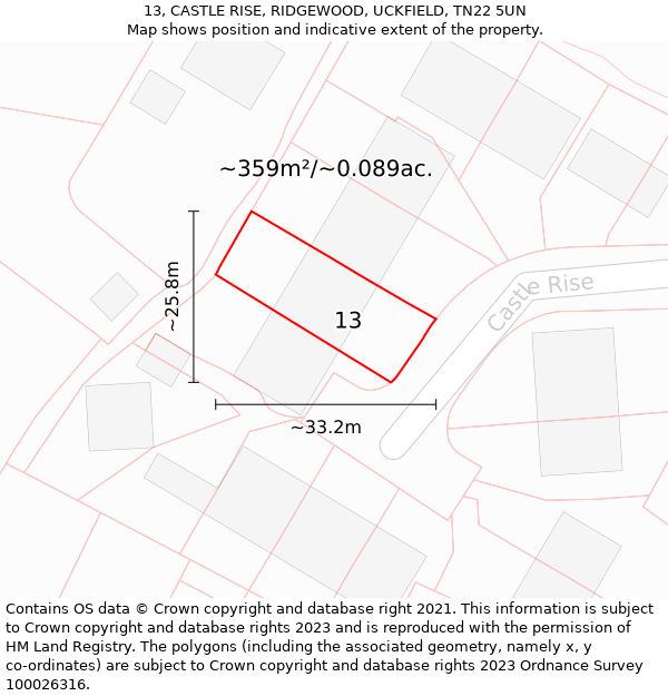 13, CASTLE RISE, RIDGEWOOD, UCKFIELD, TN22 5UN: Plot and title map
