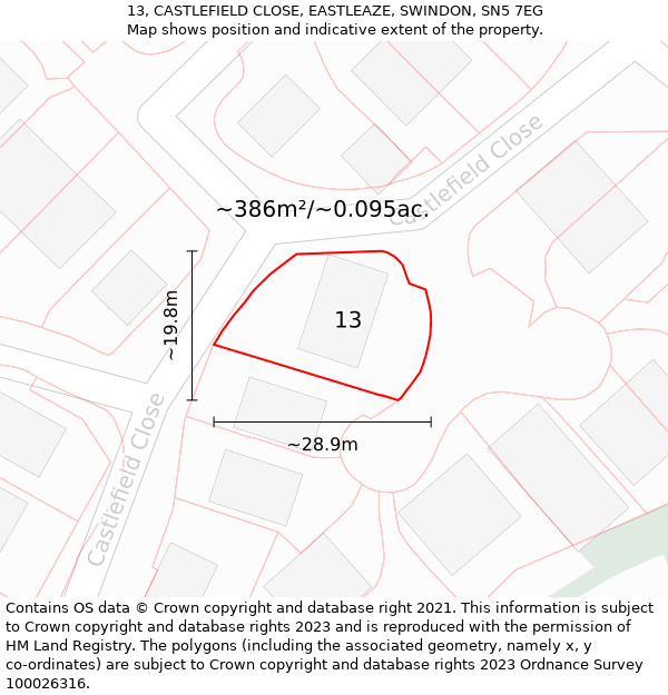 13, CASTLEFIELD CLOSE, EASTLEAZE, SWINDON, SN5 7EG: Plot and title map