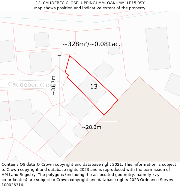 13, CAUDEBEC CLOSE, UPPINGHAM, OAKHAM, LE15 9SY: Plot and title map