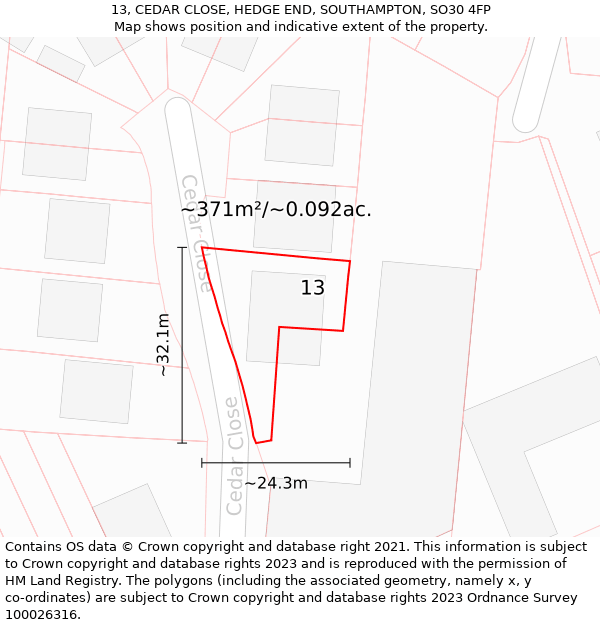 13, CEDAR CLOSE, HEDGE END, SOUTHAMPTON, SO30 4FP: Plot and title map