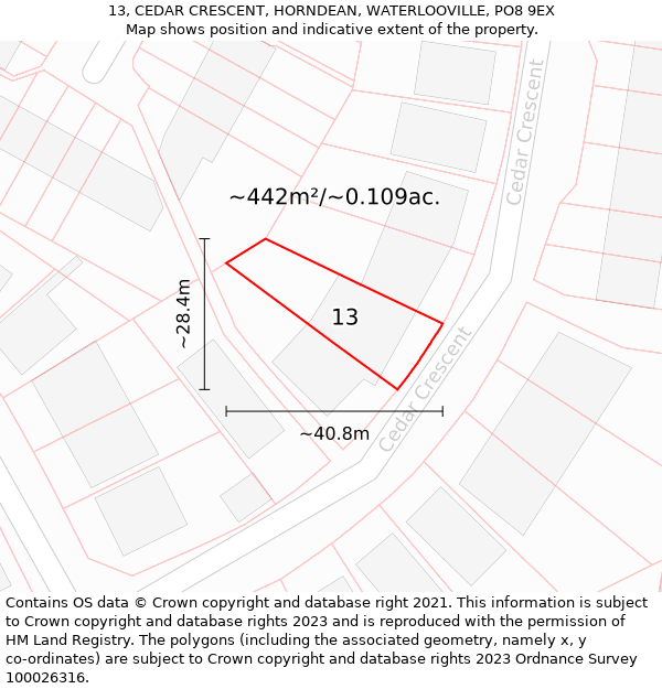 13, CEDAR CRESCENT, HORNDEAN, WATERLOOVILLE, PO8 9EX: Plot and title map