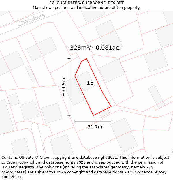 13, CHANDLERS, SHERBORNE, DT9 3RT: Plot and title map