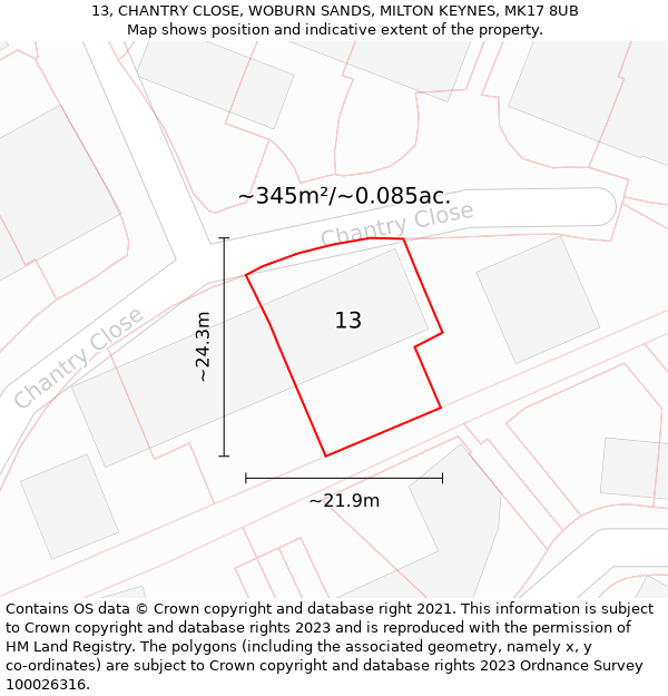 13, CHANTRY CLOSE, WOBURN SANDS, MILTON KEYNES, MK17 8UB: Plot and title map