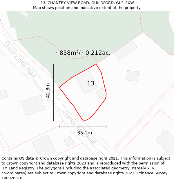 13, CHANTRY VIEW ROAD, GUILDFORD, GU1 3XW: Plot and title map