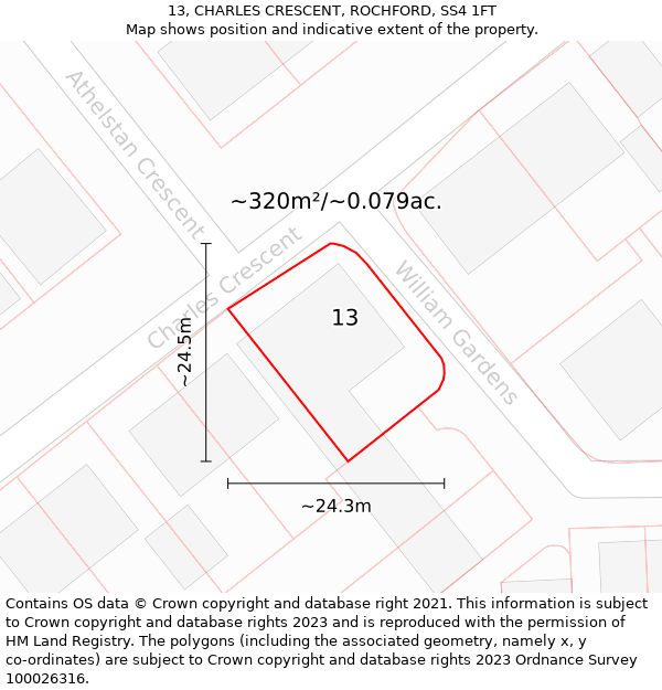 13, CHARLES CRESCENT, ROCHFORD, SS4 1FT: Plot and title map