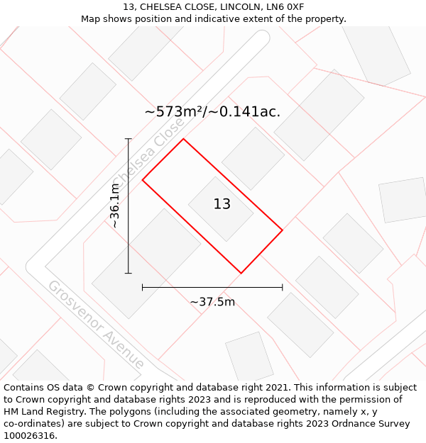 13, CHELSEA CLOSE, LINCOLN, LN6 0XF: Plot and title map