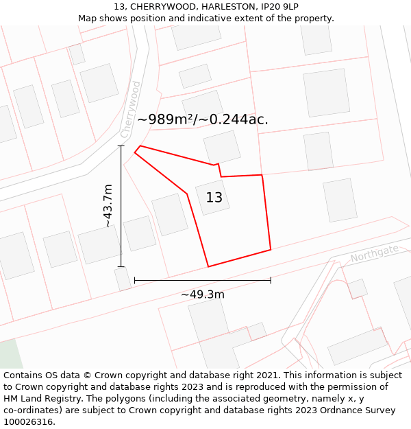 13, CHERRYWOOD, HARLESTON, IP20 9LP: Plot and title map