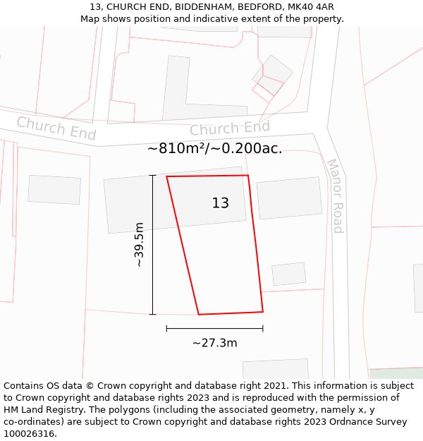 13, CHURCH END, BIDDENHAM, BEDFORD, MK40 4AR: Plot and title map