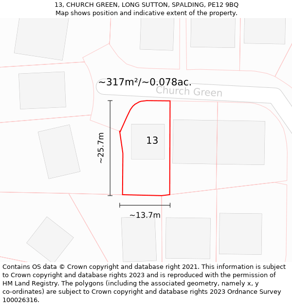 13, CHURCH GREEN, LONG SUTTON, SPALDING, PE12 9BQ: Plot and title map