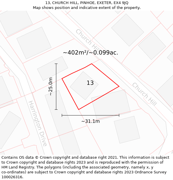 13, CHURCH HILL, PINHOE, EXETER, EX4 9JQ: Plot and title map