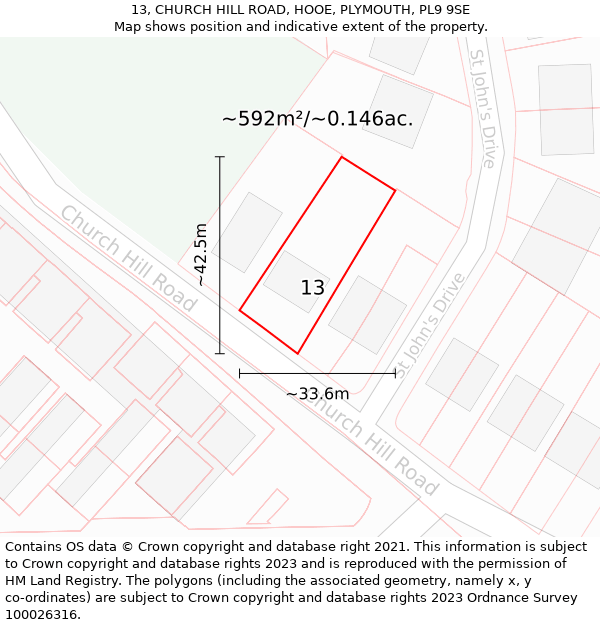 13, CHURCH HILL ROAD, HOOE, PLYMOUTH, PL9 9SE: Plot and title map