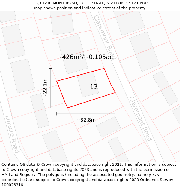 13, CLAREMONT ROAD, ECCLESHALL, STAFFORD, ST21 6DP: Plot and title map