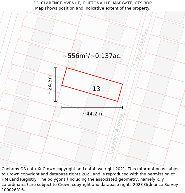 13, CLARENCE AVENUE, CLIFTONVILLE, MARGATE, CT9 3DP: Plot and title map