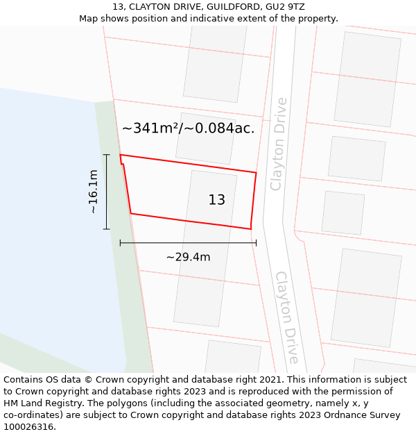 13, CLAYTON DRIVE, GUILDFORD, GU2 9TZ: Plot and title map