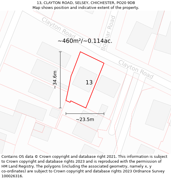 13, CLAYTON ROAD, SELSEY, CHICHESTER, PO20 9DB: Plot and title map