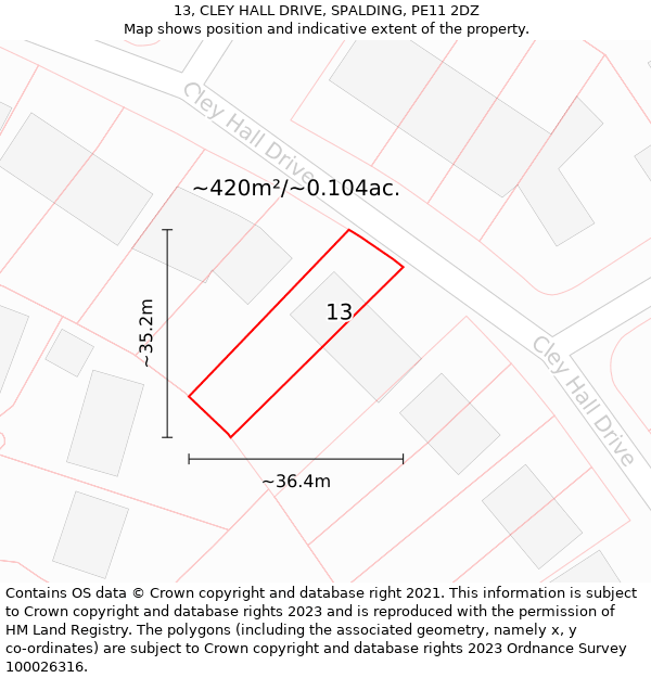 13, CLEY HALL DRIVE, SPALDING, PE11 2DZ: Plot and title map
