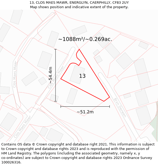 13, CLOS MAES MAWR, ENERGLYN, CAERPHILLY, CF83 2UY: Plot and title map