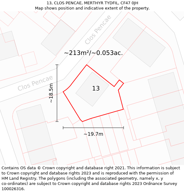 13, CLOS PENCAE, MERTHYR TYDFIL, CF47 0JH: Plot and title map