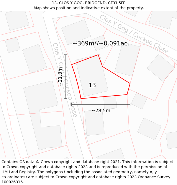 13, CLOS Y GOG, BRIDGEND, CF31 5FP: Plot and title map