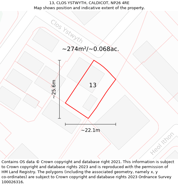 13, CLOS YSTWYTH, CALDICOT, NP26 4RE: Plot and title map