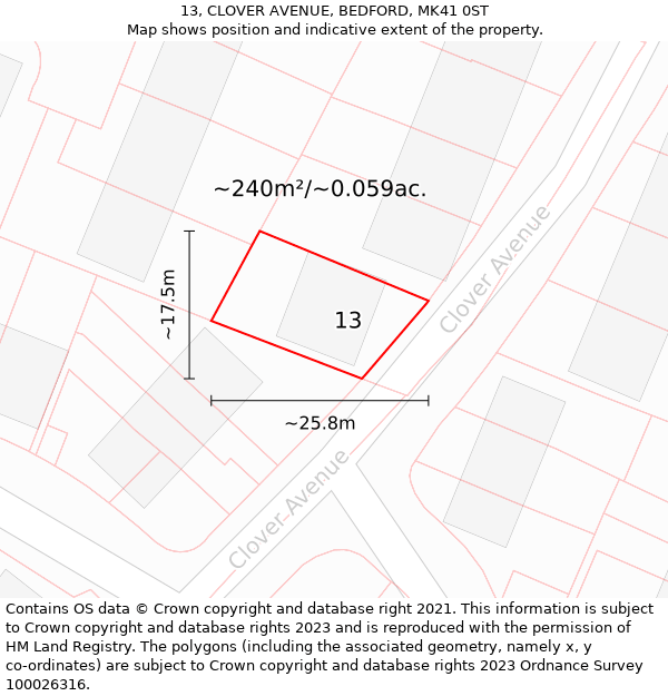 13, CLOVER AVENUE, BEDFORD, MK41 0ST: Plot and title map