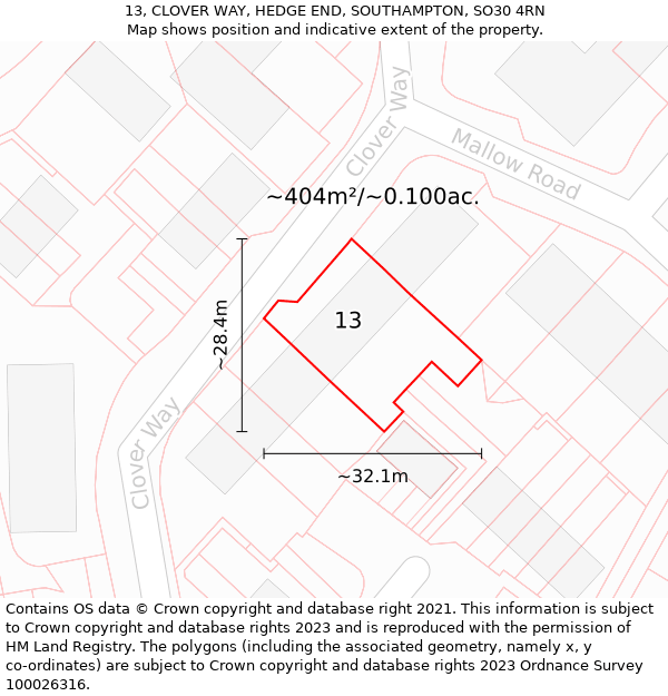 13, CLOVER WAY, HEDGE END, SOUTHAMPTON, SO30 4RN: Plot and title map