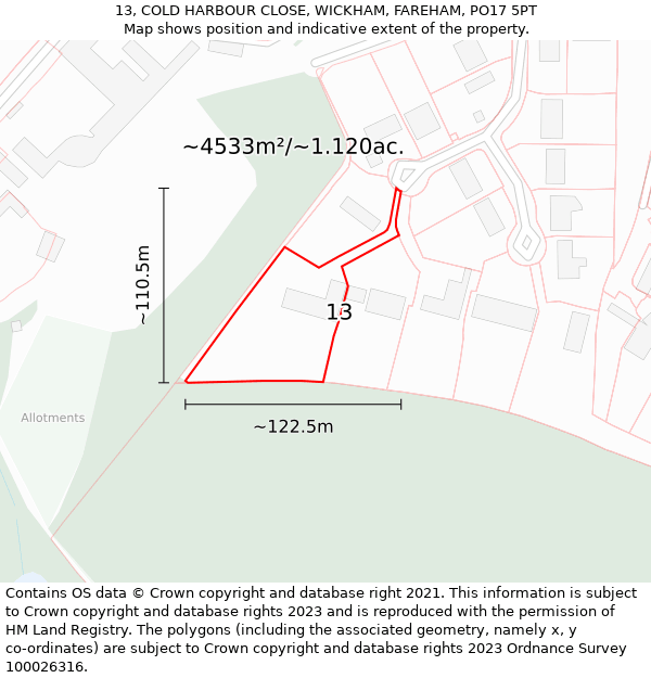 13, COLD HARBOUR CLOSE, WICKHAM, FAREHAM, PO17 5PT: Plot and title map