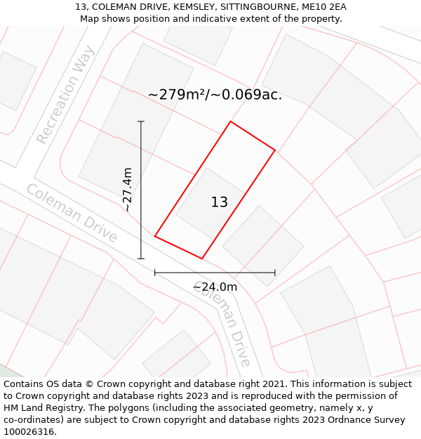 13, COLEMAN DRIVE, KEMSLEY, SITTINGBOURNE, ME10 2EA: Plot and title map