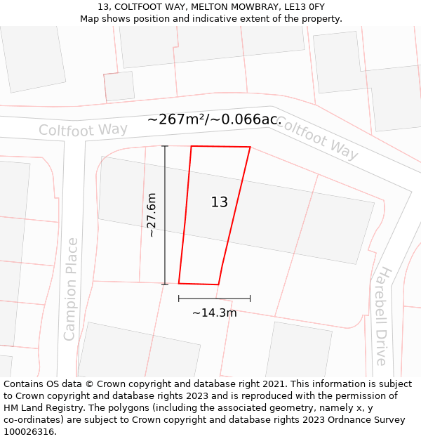 13, COLTFOOT WAY, MELTON MOWBRAY, LE13 0FY: Plot and title map