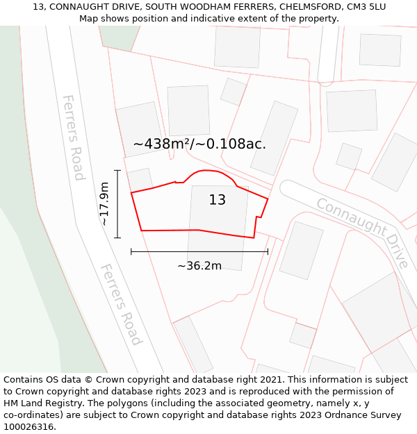 13, CONNAUGHT DRIVE, SOUTH WOODHAM FERRERS, CHELMSFORD, CM3 5LU: Plot and title map