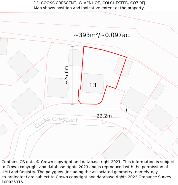 13, COOKS CRESCENT, WIVENHOE, COLCHESTER, CO7 9FJ: Plot and title map