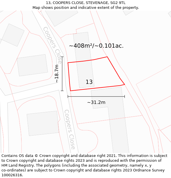 13, COOPERS CLOSE, STEVENAGE, SG2 9TL: Plot and title map