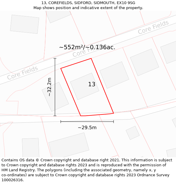 13, COREFIELDS, SIDFORD, SIDMOUTH, EX10 9SG: Plot and title map