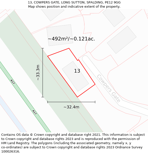 13, COWPERS GATE, LONG SUTTON, SPALDING, PE12 9GG: Plot and title map