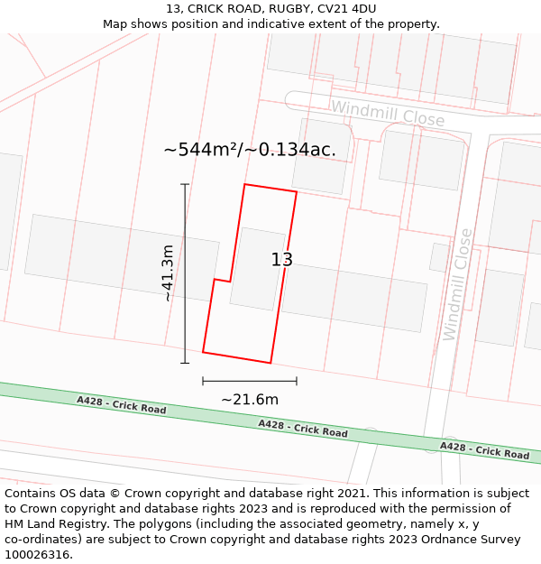 13, CRICK ROAD, RUGBY, CV21 4DU: Plot and title map