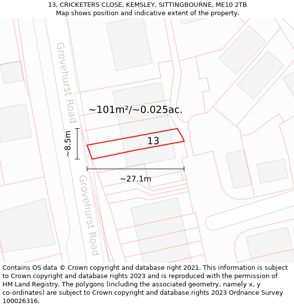 13, CRICKETERS CLOSE, KEMSLEY, SITTINGBOURNE, ME10 2TB: Plot and title map