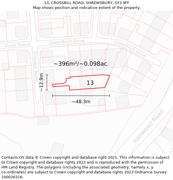 13, CROSSBILL ROAD, SHREWSBURY, SY3 9FF: Plot and title map