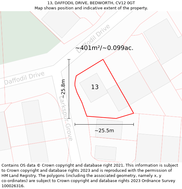 13, DAFFODIL DRIVE, BEDWORTH, CV12 0GT: Plot and title map