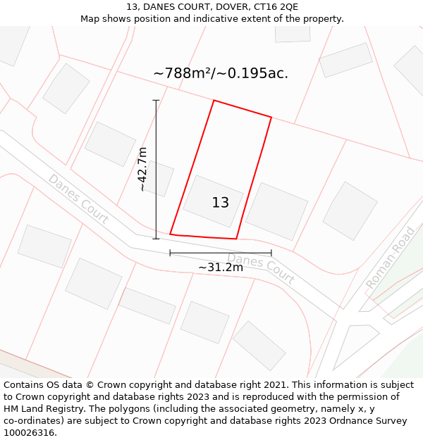 13, DANES COURT, DOVER, CT16 2QE: Plot and title map